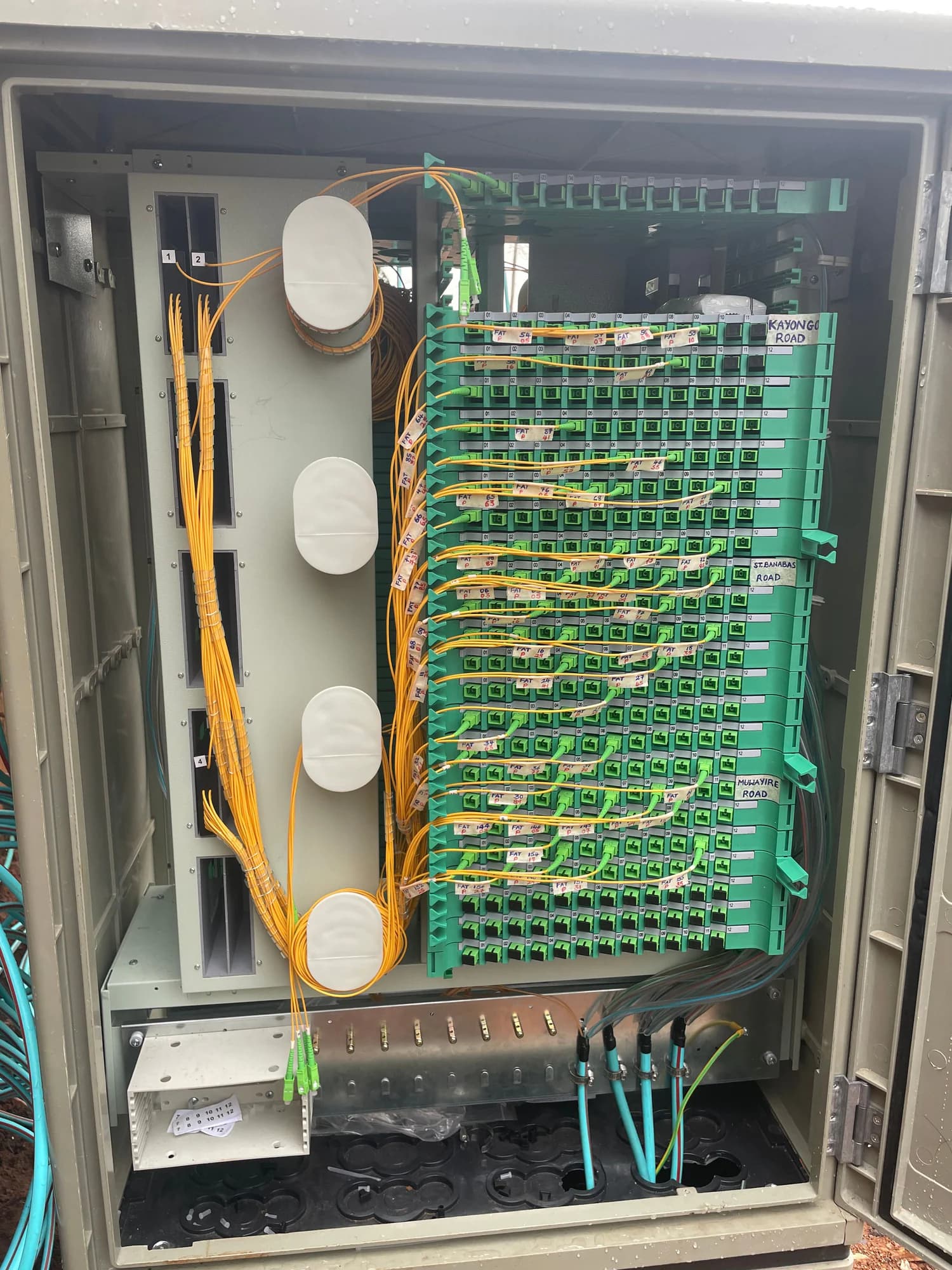 Inside a distribution hub: round splitter modules on the left and rows of green adapters with yellow patch leads on the right