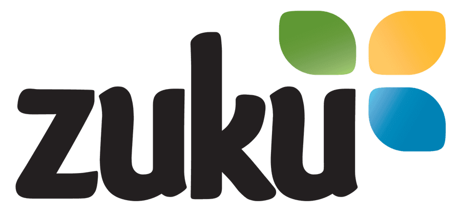 Zuku logo: the word zuku in black with green, yellow and blue leaf shapes